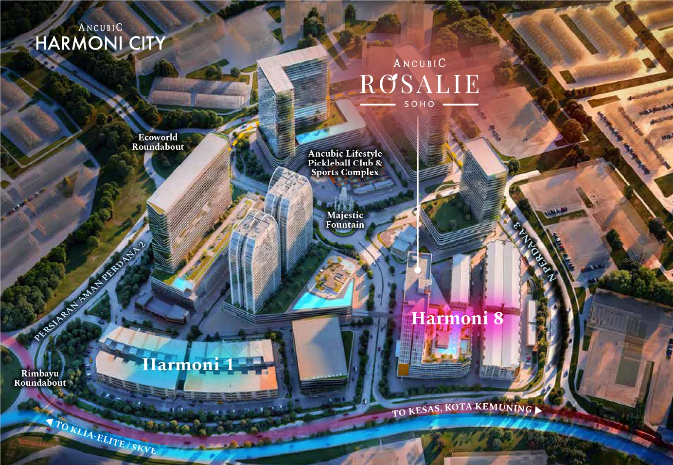 Aerial night render of Ancubic Harmoni City township with the Rosalie SOHO tower highlighted