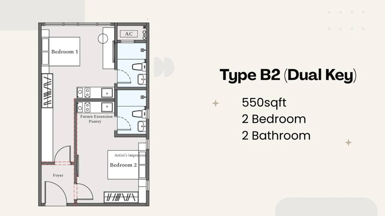 TYPE B2 DUAL KEY: 550 sq ft (2 Bedrooms + 2 Bathrooms)